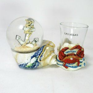 Set Snow Globe & Shot Glass / Candle Holder Nautical Ocean Anchor Sea Crab Resin